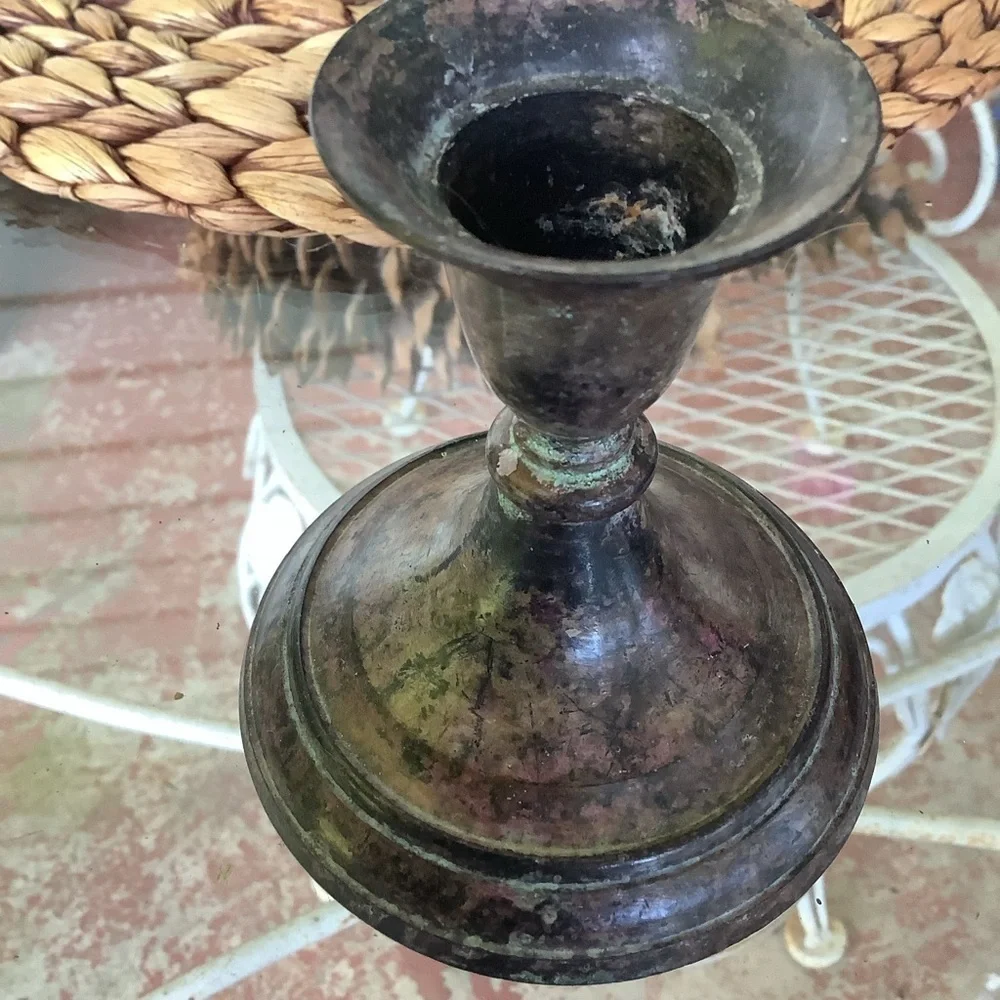 Vintage Antique Patina Silver Tone Candlesticks Taper Candle Holders